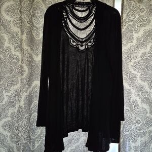Black Open Front Cardigan with Crochet Detail